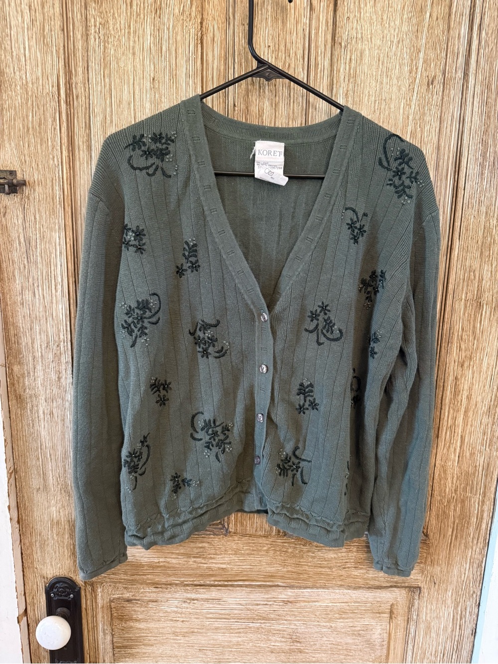Koret Dark Olive Green V-Neck Button-Up Embroidered Cardigan